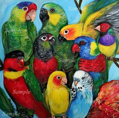 9colorfulparrots.JPG - "9 Colorful Parrots" Giclee